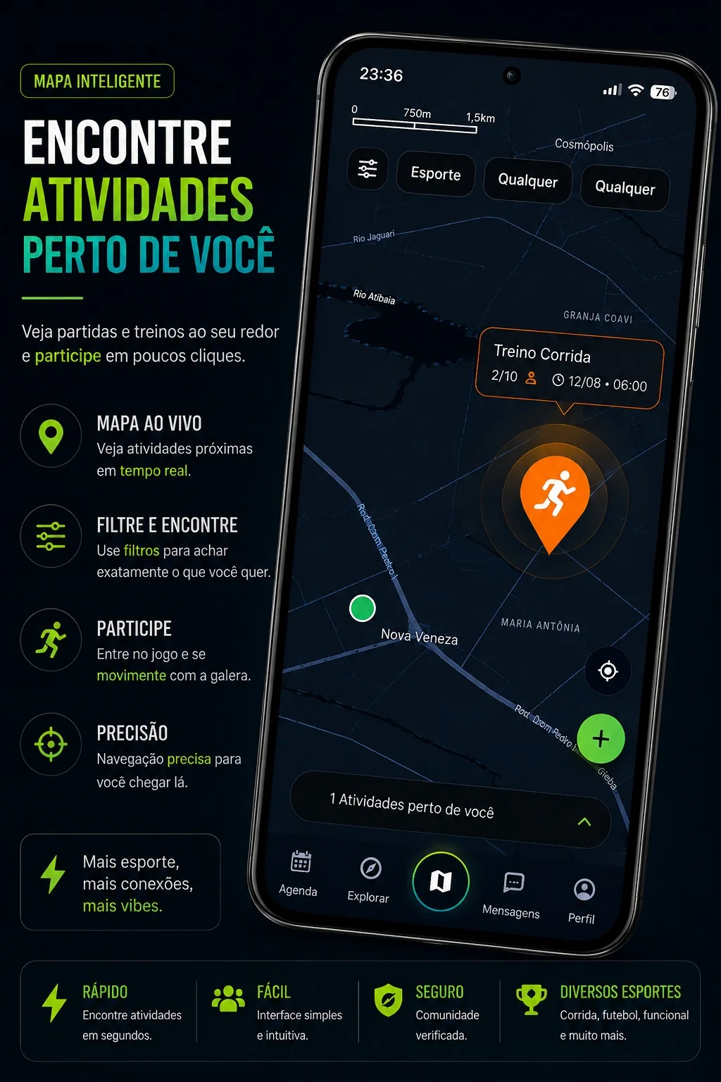 Mapa do Vibe Sports mostrando atividades próximas